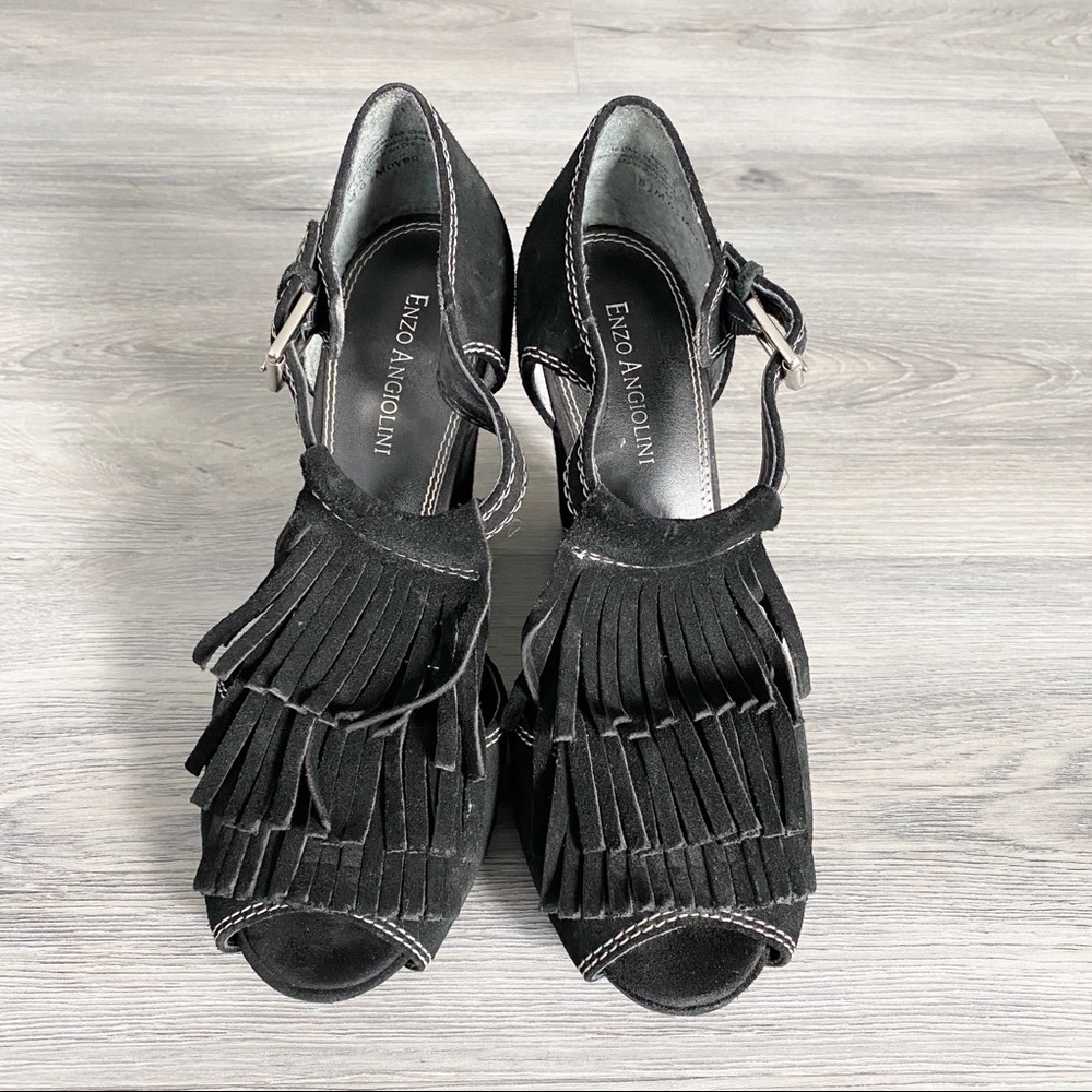 Enzo Angiolini Black Suede Fringe Wedges Shoes